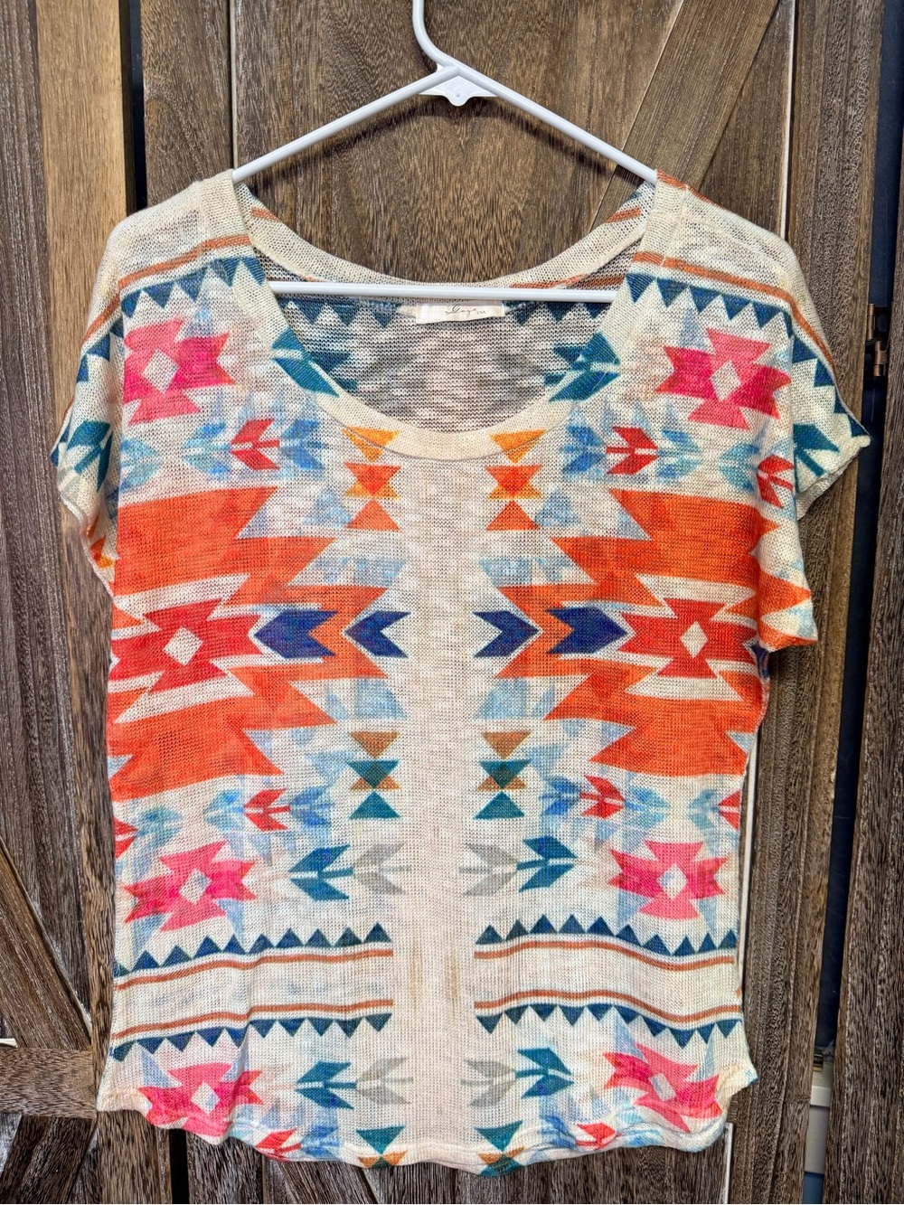 Gaze Aztec Short Sleeve Knit Top - Orange, Pink & Teal